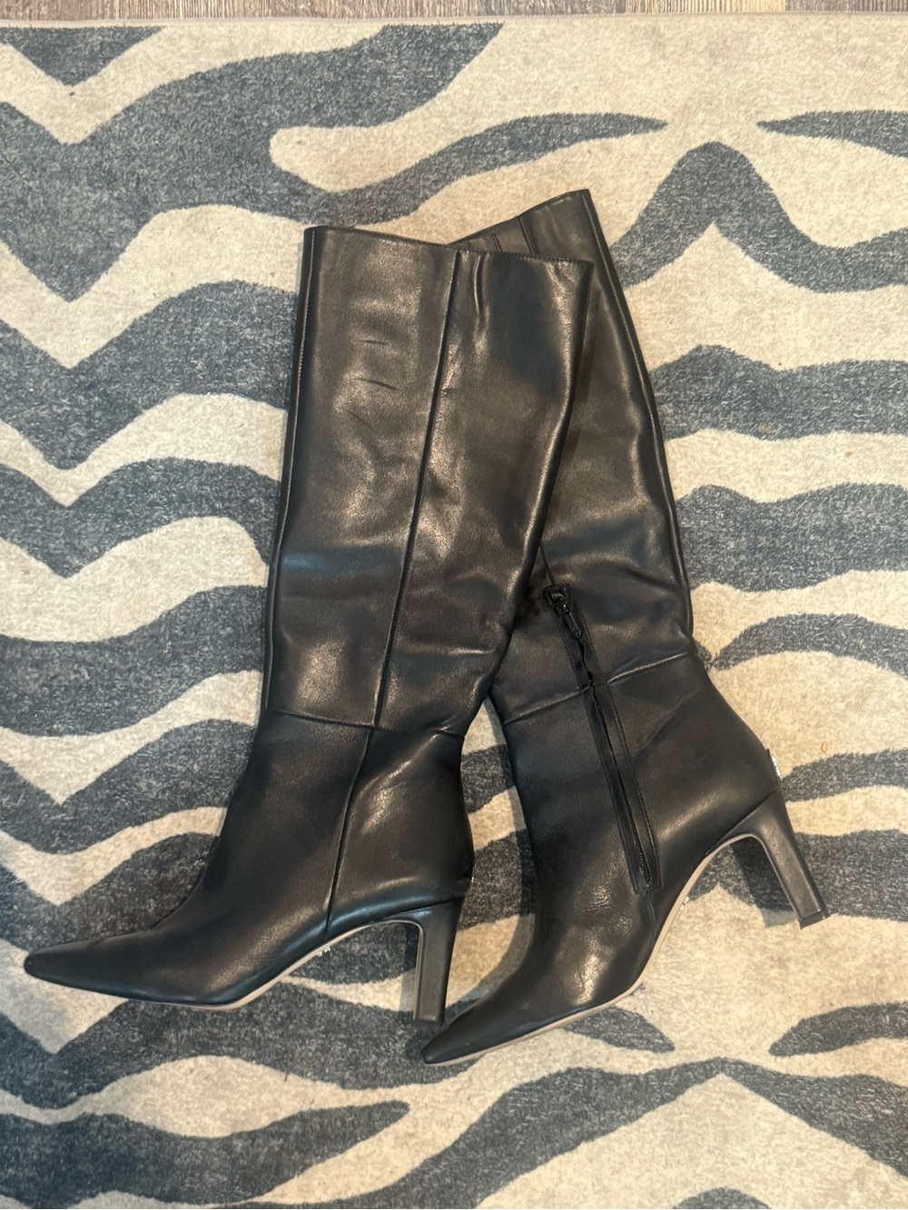 SAM EDELMAN Sylvia Black Knee-High Leather Heel Boots